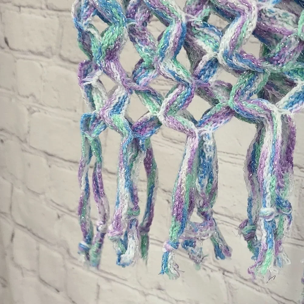 Justice Sparkly Braided Infinity Scarf Crochet Open Loose Knit Tassel Purple